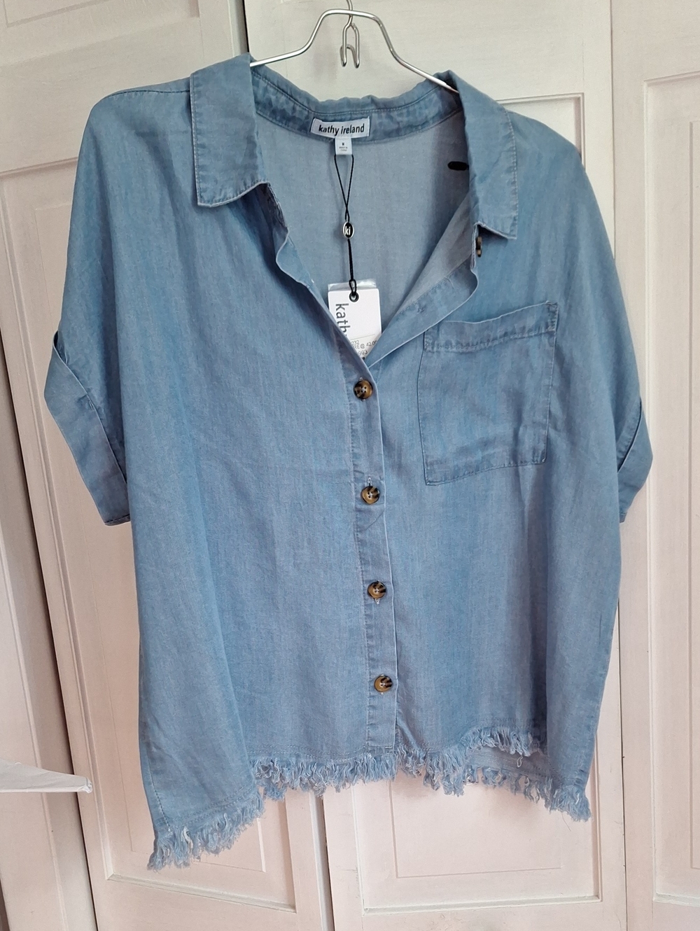 kathy ireland Light Blue Chambray Button-Down Shirt with Frayed Hem